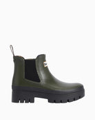 Side view of Barbour olive ankle wellies showing elastic gusset and pull tab