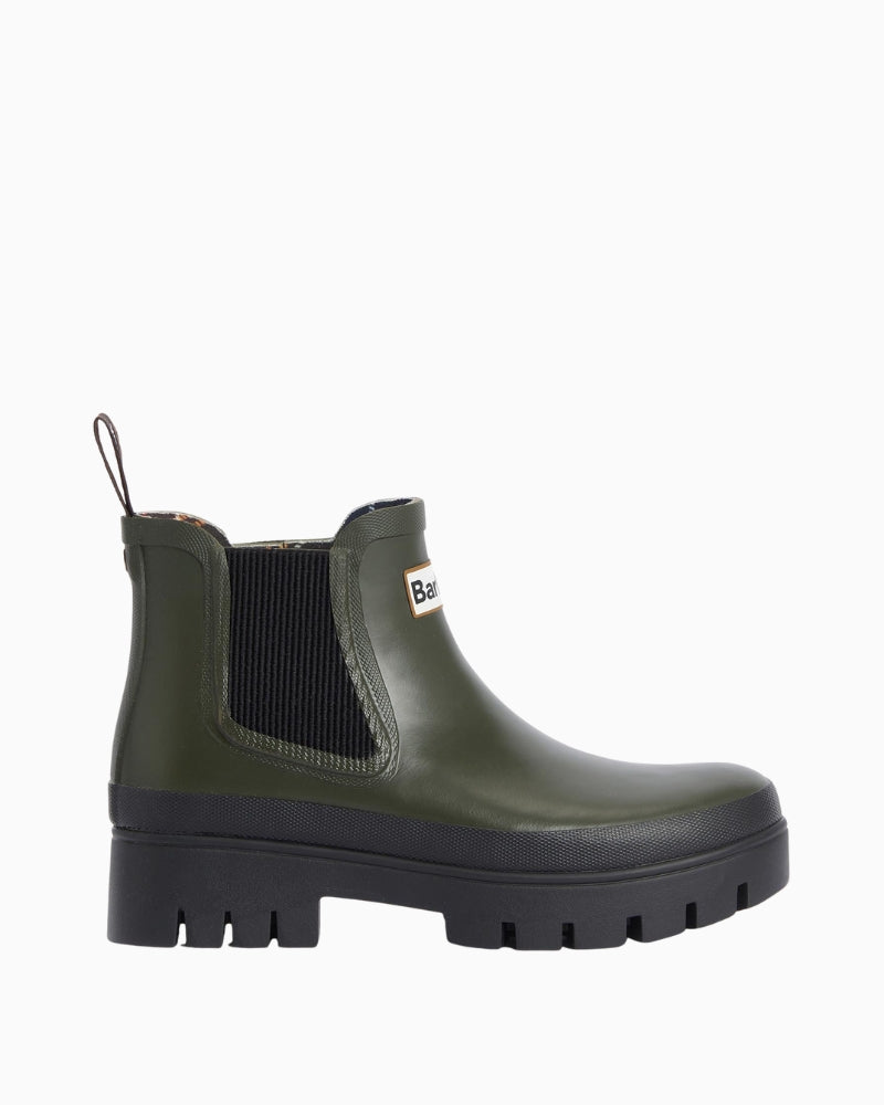 Side view of Barbour olive ankle wellies showing elastic gusset and pull tab
