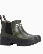 Pair of Barbour Halton olive wellington boots with Chelsea boot styling