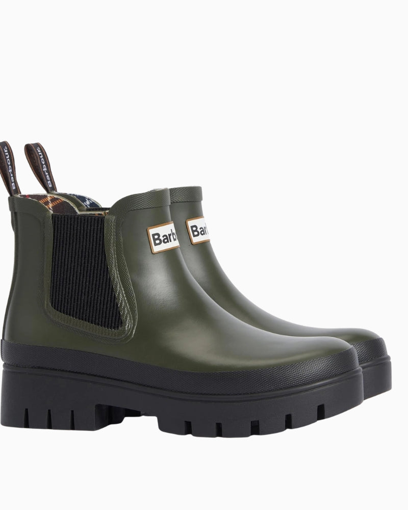 Pair of Barbour Halton olive wellington boots with Chelsea boot styling