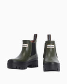 Barbour Halton Ankle Wellingtons in olive with chunky sole and Chelsea boot design