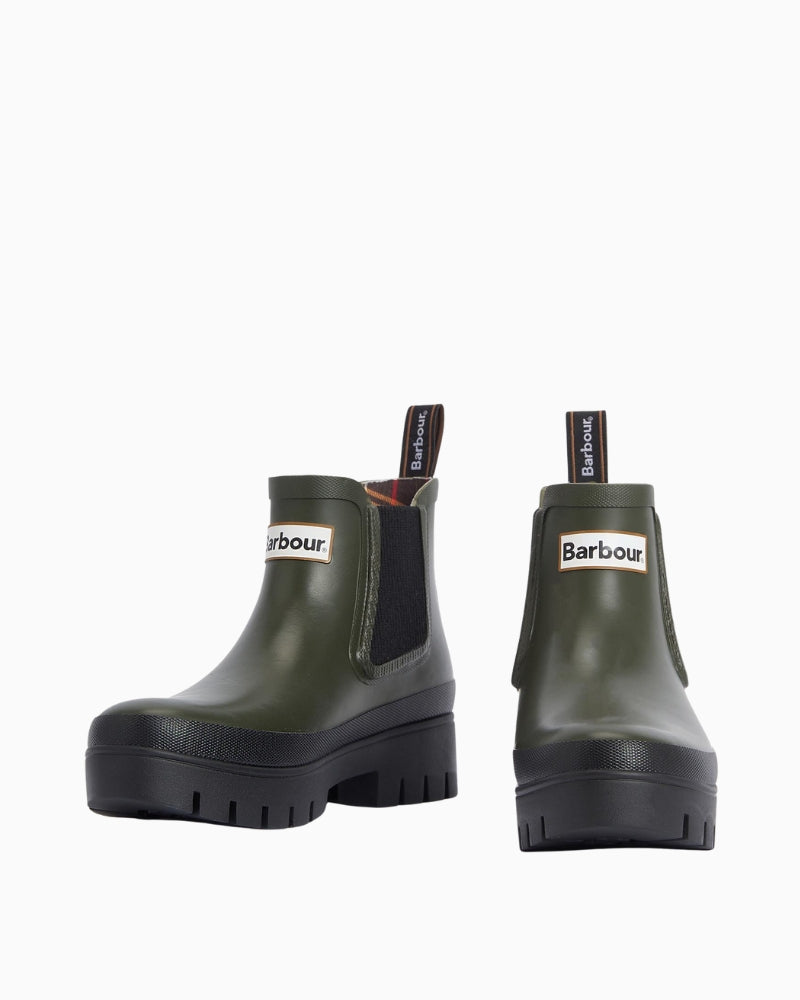 Barbour Halton Ankle Wellingtons in olive with chunky sole and Chelsea boot design