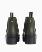 Back view of olive Barbour ankle boots showing heel