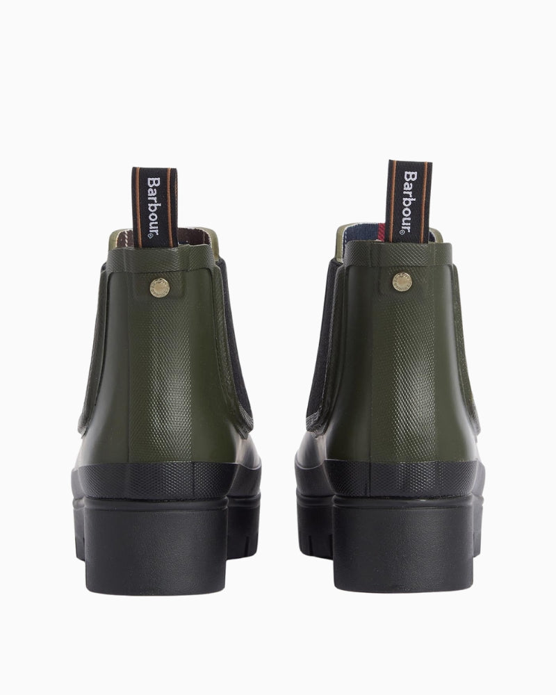 Back view of olive Barbour ankle boots showing heel