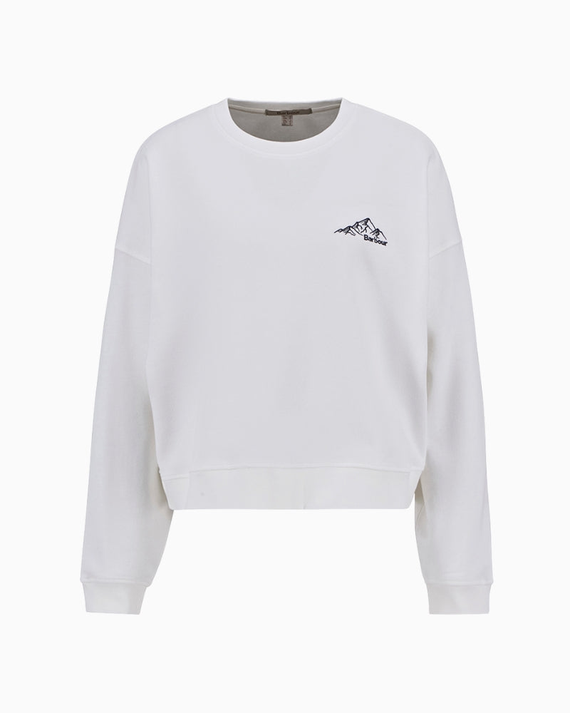 Flat lay view of off-white sweatshirt displaying design details