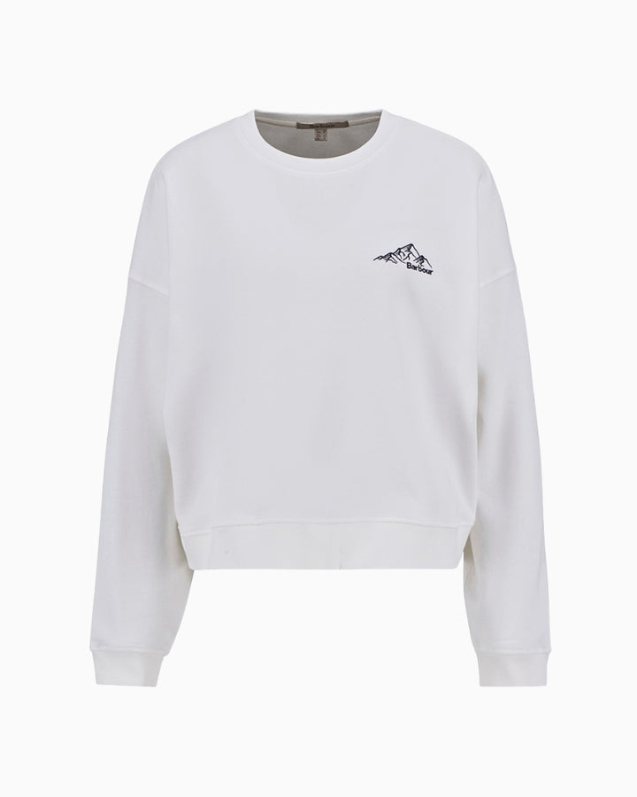 Flat lay view of off-white sweatshirt displaying design details
