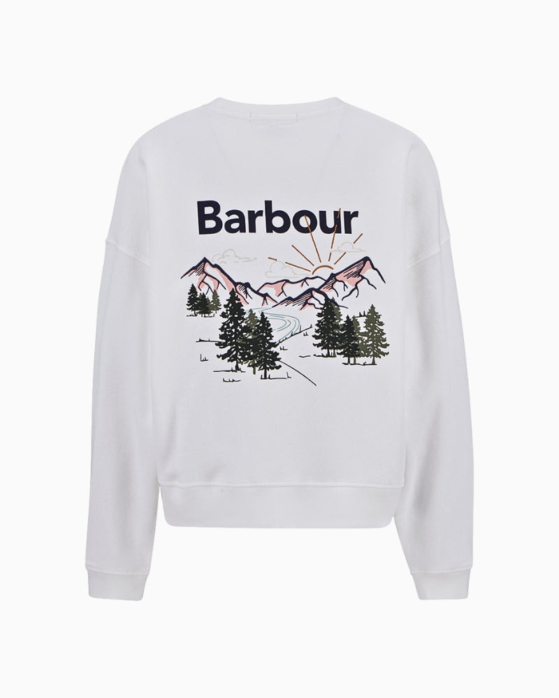 Flat lay view highlighting large scenic mountain embroidery