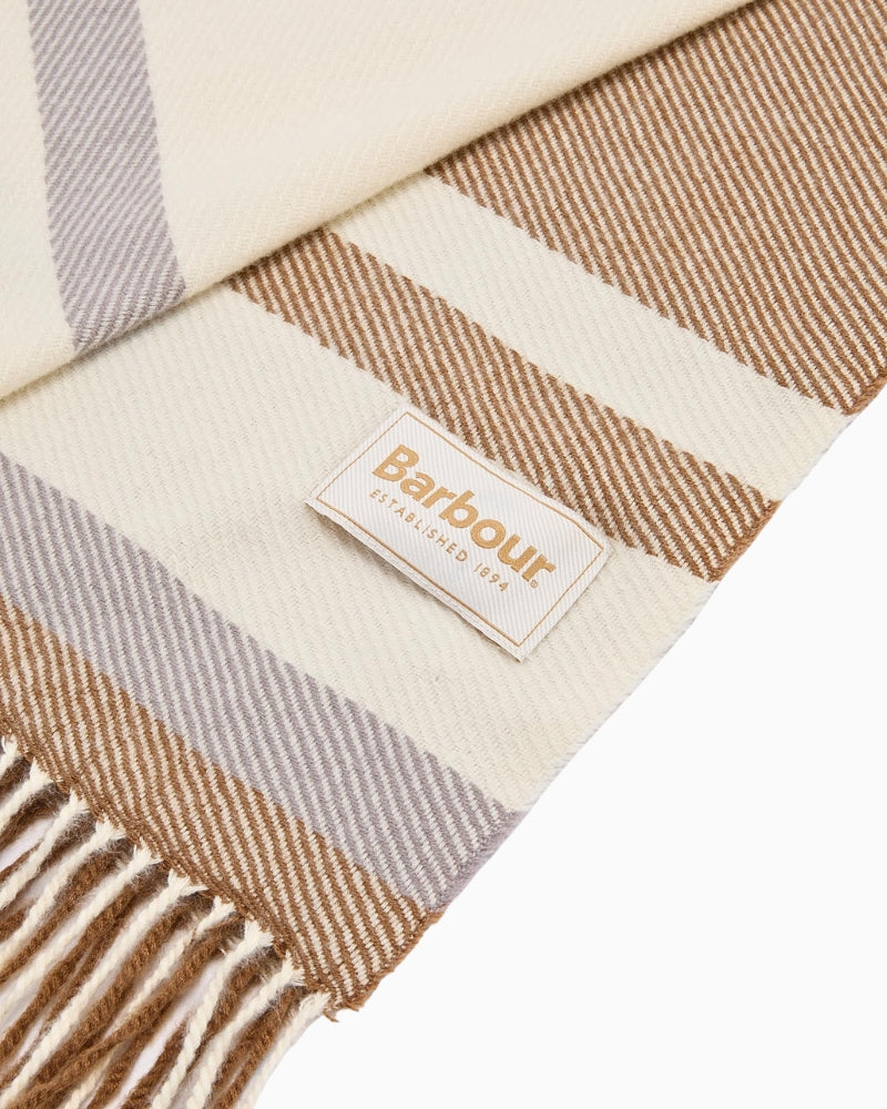 Close-up of Barbour Harriet Scarf showing Barbour label