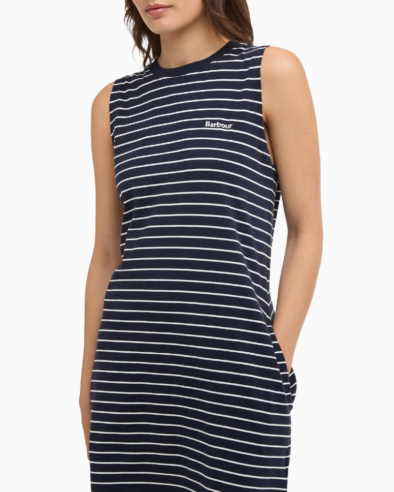 Barbour Hartland mini dress navy stripe, front detail view – Áines Boutique