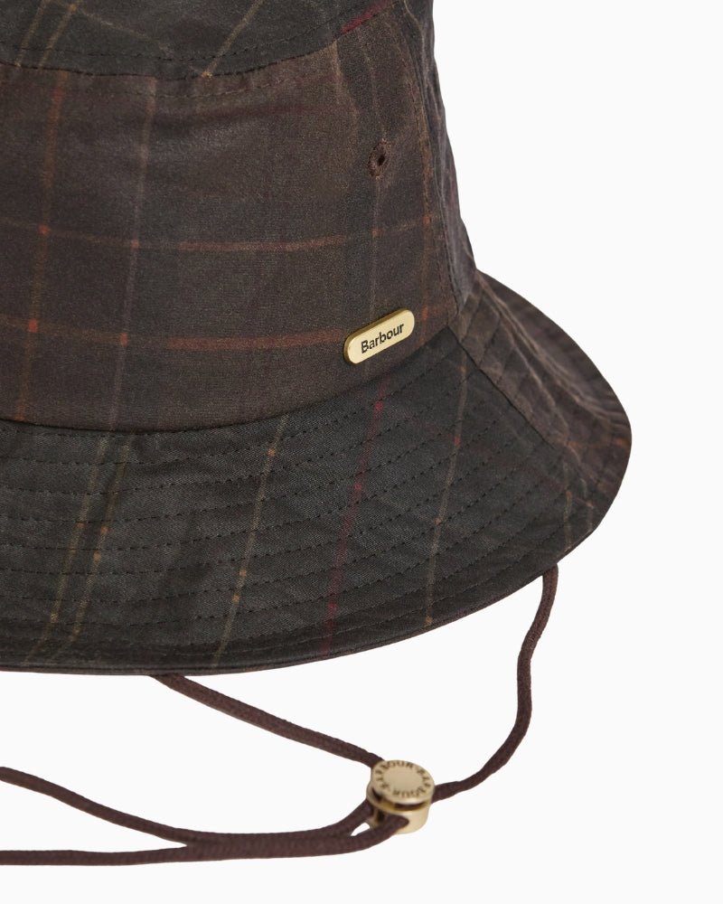 Barbour Haxelwood Bucket Hat in Tartan side detail with Barbour badge