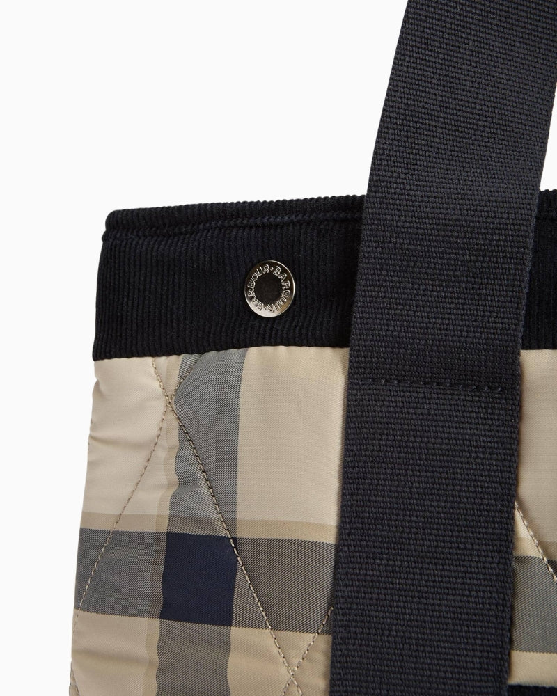 Barbour Healy Quilted Tote Bag navy tartan button detail