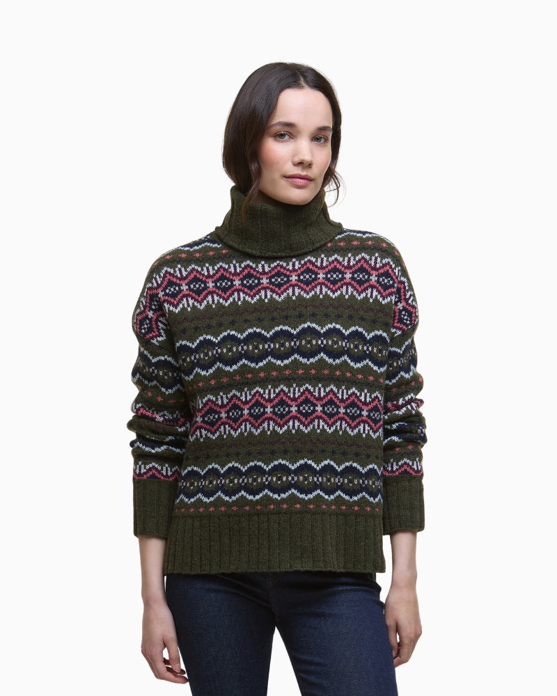 Front view of Barbour Helen olive Fair Isle jumper with cosy roll neck