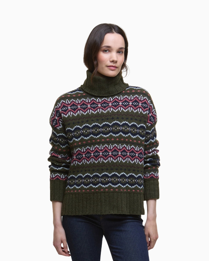 Front view of Barbour Helen olive Fair Isle jumper with cosy roll neck