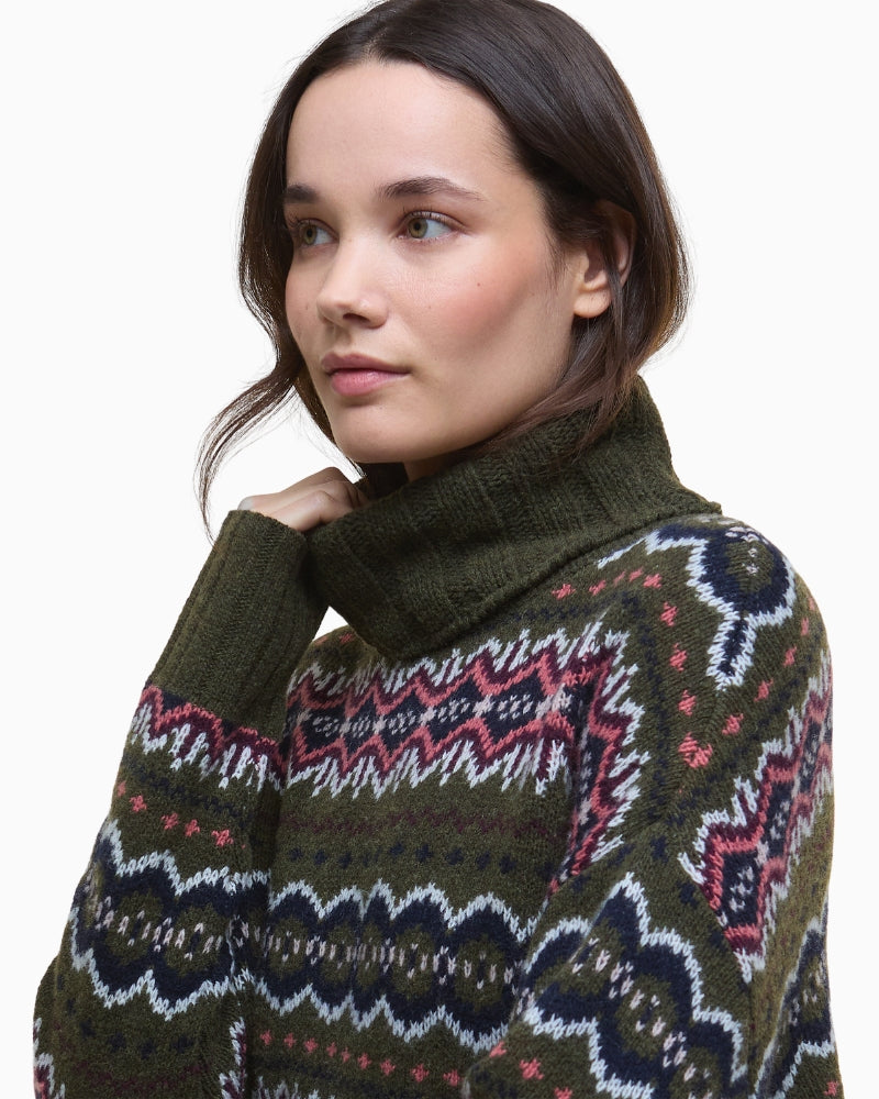 Close-up of Fair Isle pattern in soft olive, cream, and brown tones