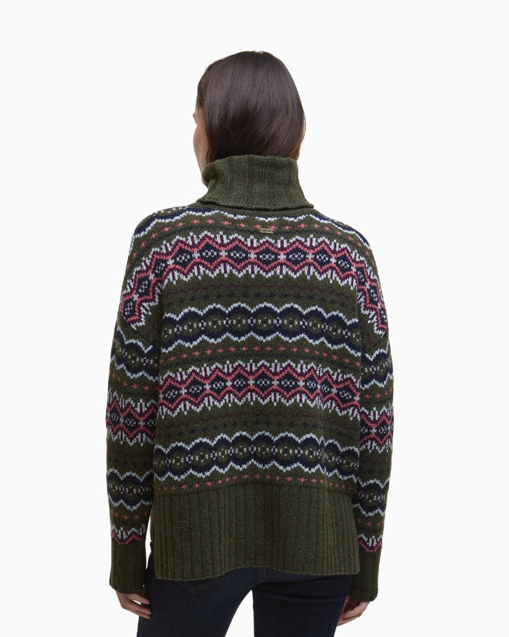 Back view of olive Barbour knit showing full Fair Isle detail