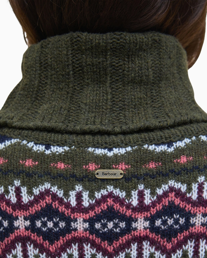 Detailed view of Barbour logo badge at the back of the neck of Barbour Helen Jumper