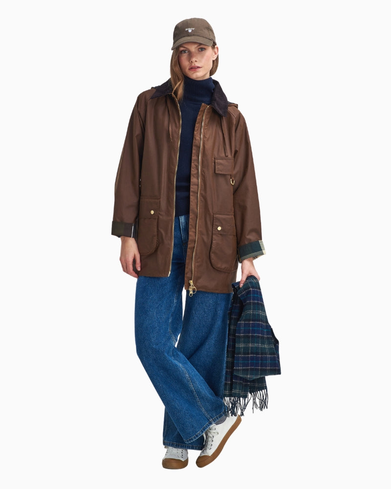 Barbour Highclere wax jacket styled with jeans and knitwear