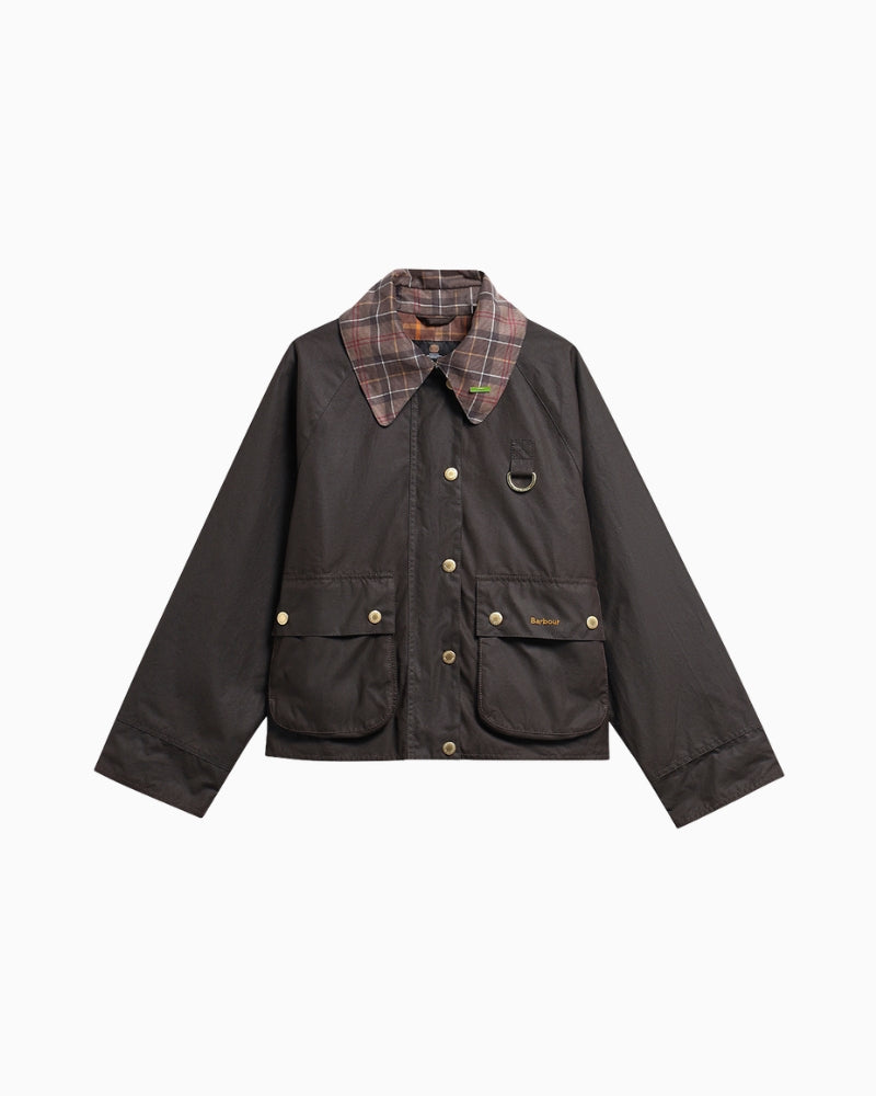 Barbour Icons Tartan Collar Spey Wax Jacket in Dark Brown front view