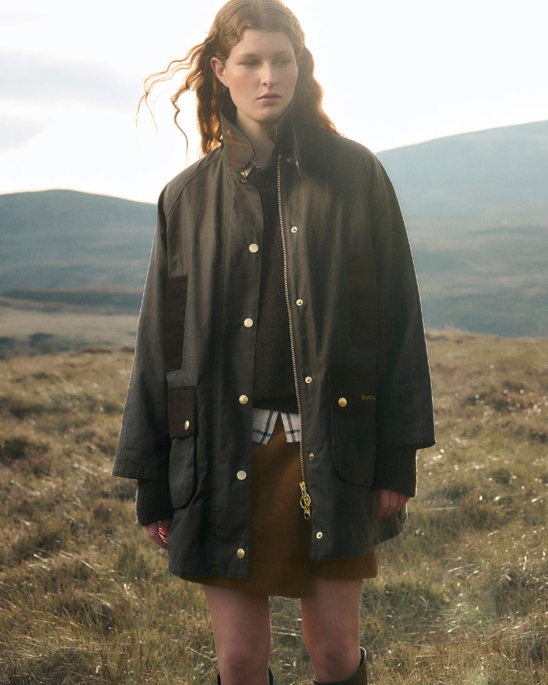Barbour Icons Tartan Modern Bedale Wax Jacket in Olive lifestyle outdoor view