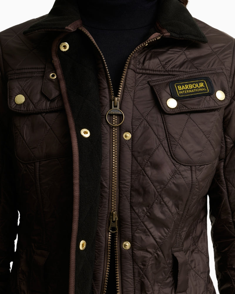 Barbour International Polarquilt Jacket in Brown zip up detail