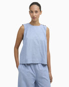 Barbour Josie sleeveless blouse light chambray front view on model