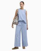 Barbour Josie sleeveless blouse light chambray full outfit with wide-leg trousers