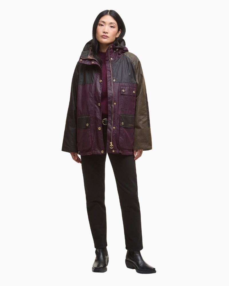 Model wearing Barbour Merlot jacket with casual styling