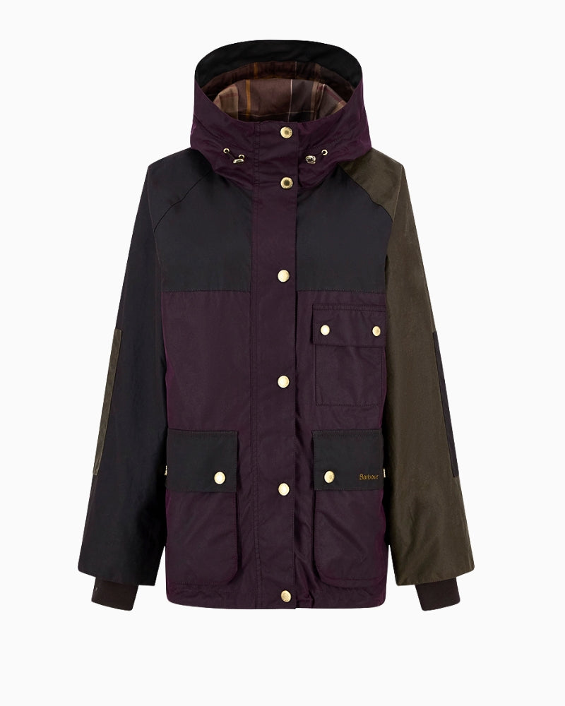 Front view of women's waxed jacket in deep wine red by Barbour