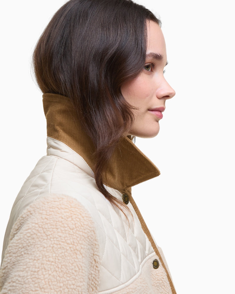 Close-up of the corduroy collar and contrast piping