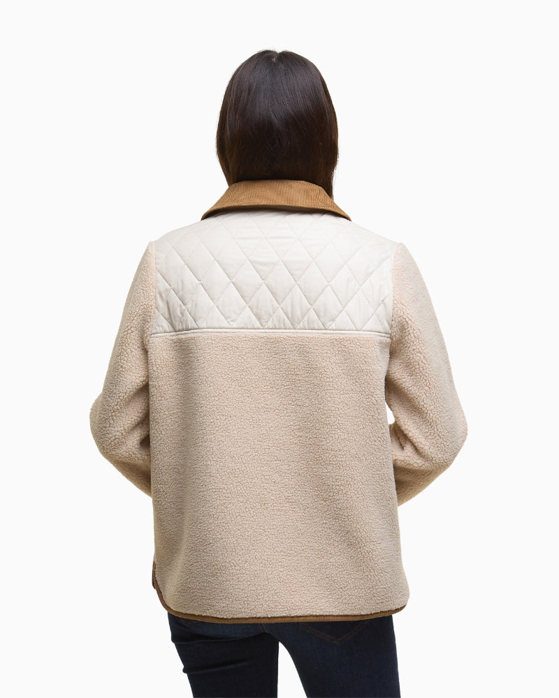 Back view of the beige Barbour fleece showing relaxed fit and trim