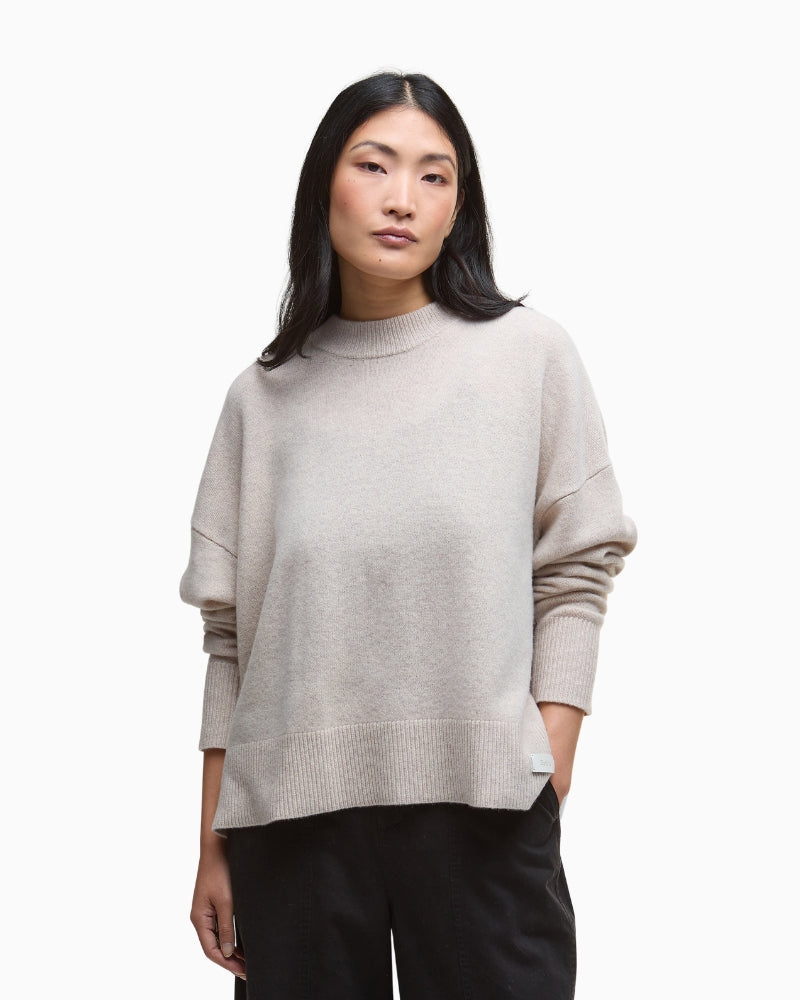 Front view of Barbour Leonie jumper in beige merino wool