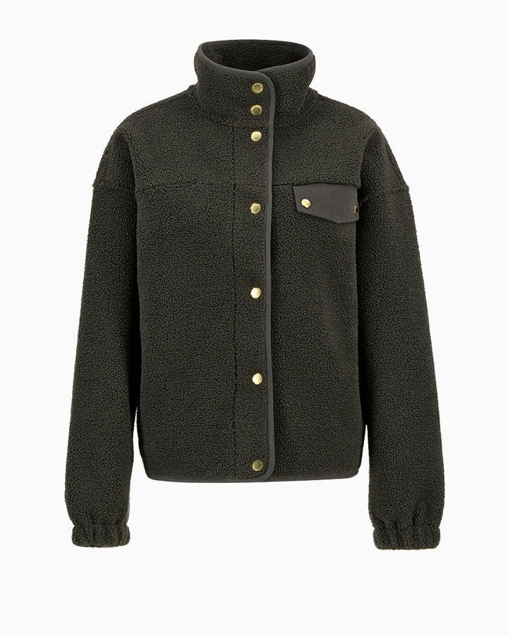 Flat lay showing fleece texture, collar, and stitching details
