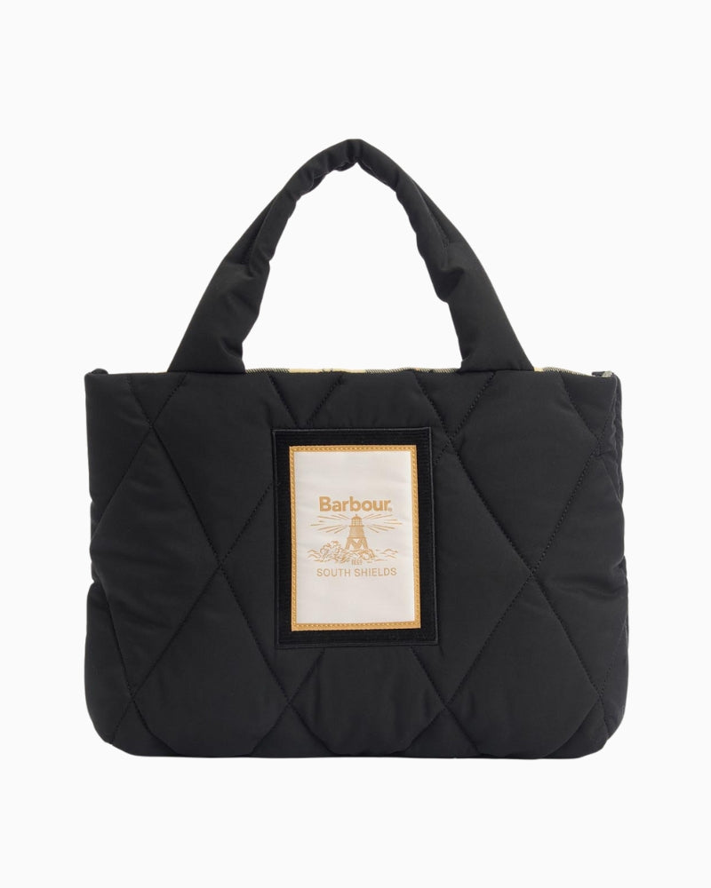 Black Barbour Mariah Quilted Mini Tote Bag with diamond quilt design and beacon patch logo, top handle view