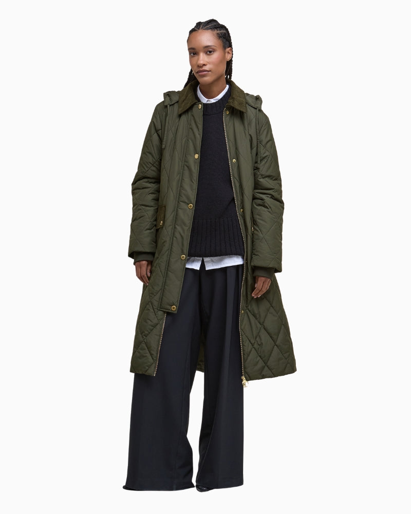 Front view of Barbour Meredith quilted jacket in olive with full zip