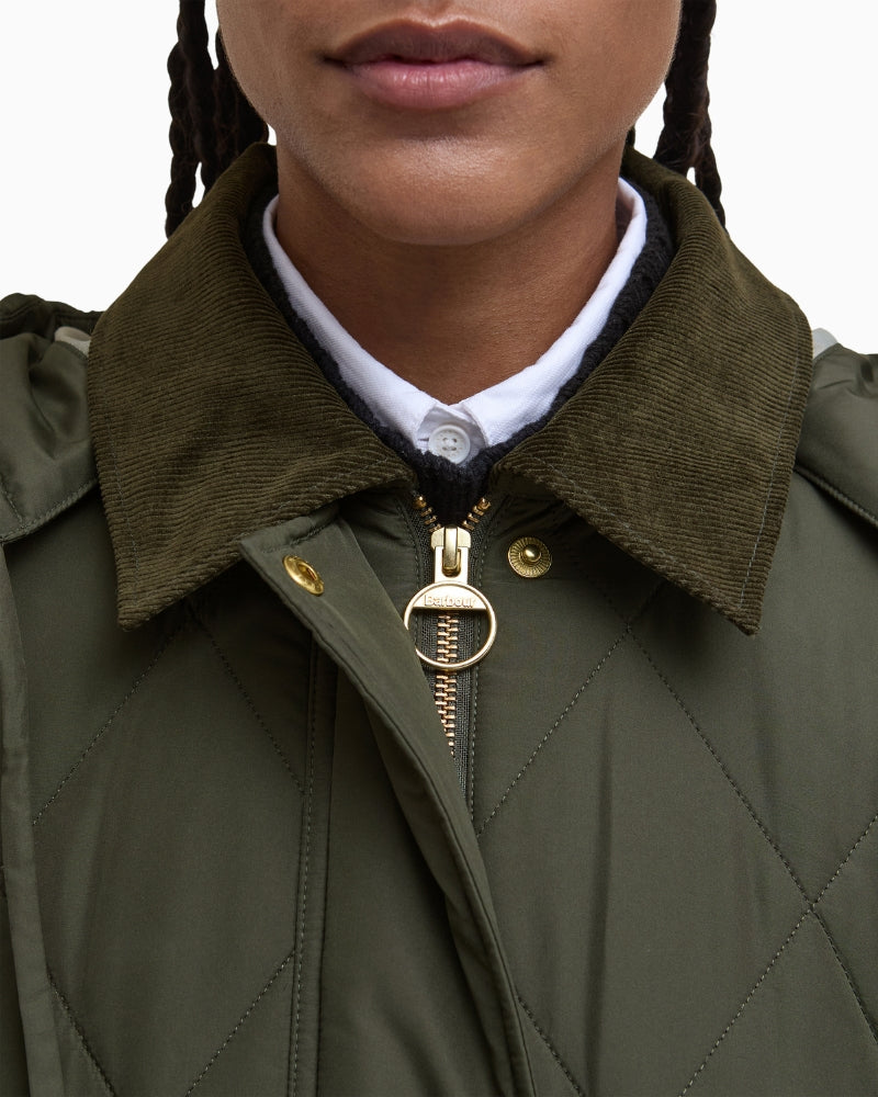 Zoomed view of Barbour branded snap buttons and zipper