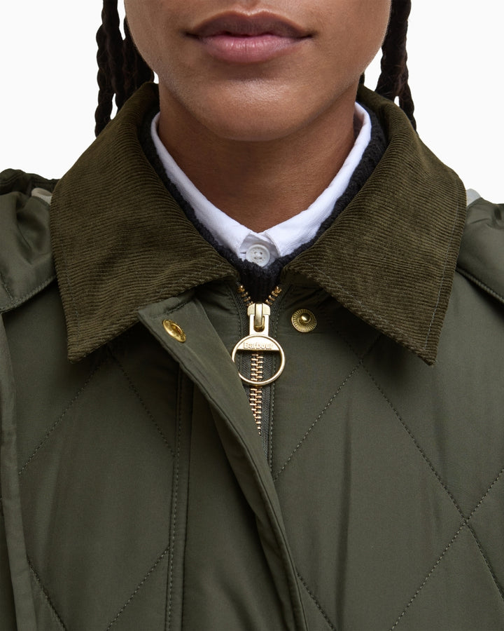 Zoomed view of Barbour branded snap buttons and zipper