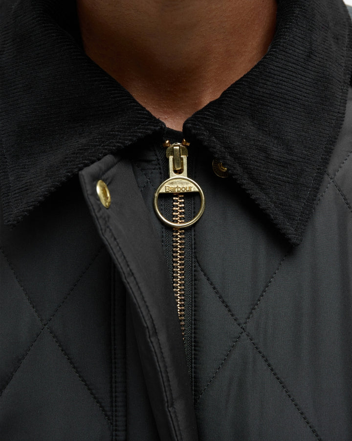 Close-up of gold-tone buttons, zipper with Logo and cord collar detail