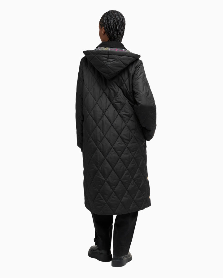 Back view of women’s longline quilted jacket by Barbour