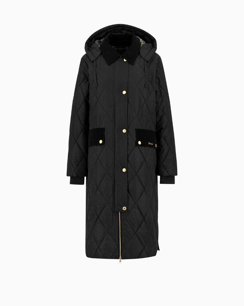 Full-length view of Barbour quilted coat with elegant silhouette