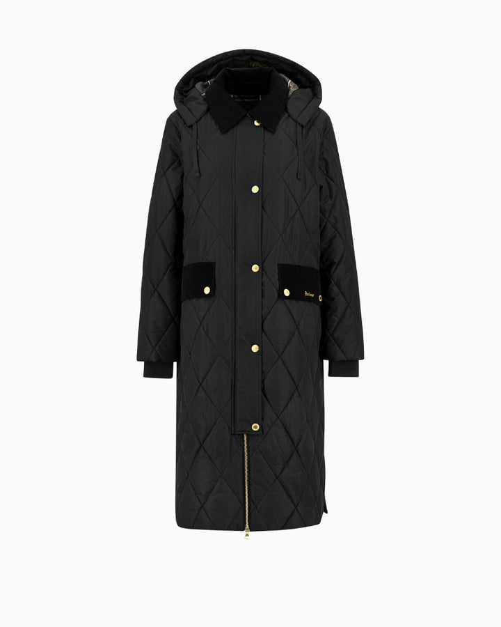 Full-length view of Barbour quilted coat with elegant silhouette
