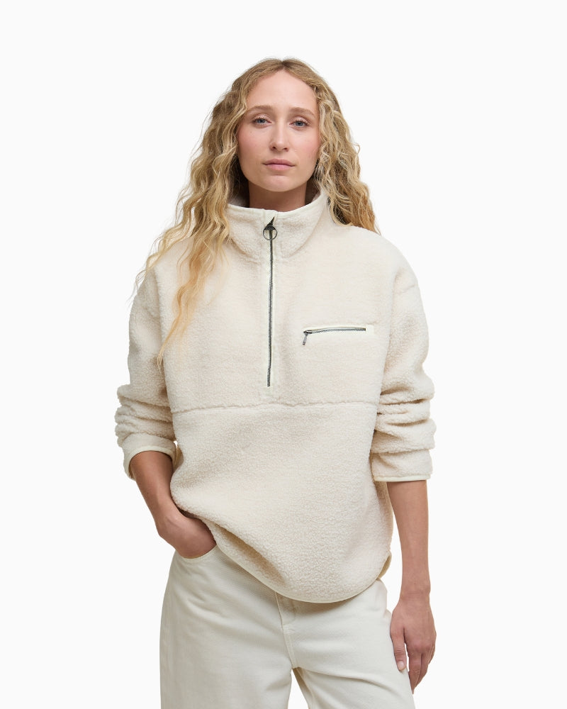 Front view of Barbour Mersea fleece in natural colour with half-zip and funnel neck