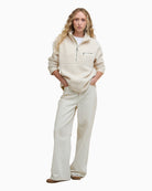 Barbour Mersea fleece styled on model showing relaxed casual fit and cosy design