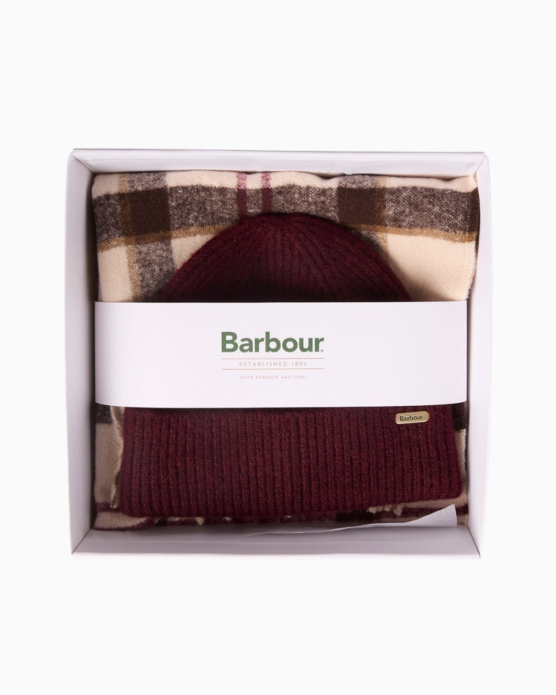 Barbour Olivia Beanie & Scarf Gift Set in Burgundy presented in branded gift box