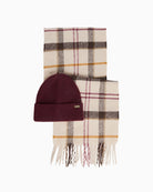 Barbour Olivia Beanie & Scarf Gift Set in Burgundy with tartan scarf and rib-knit beanie