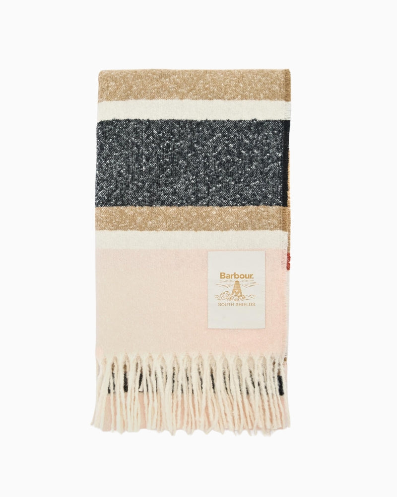Folded Barbour Paige Striped Scarf with striped detail and woven label