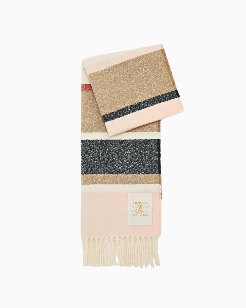 Barbour Paige Striped Scarf in multi-colour with bold logo, front view