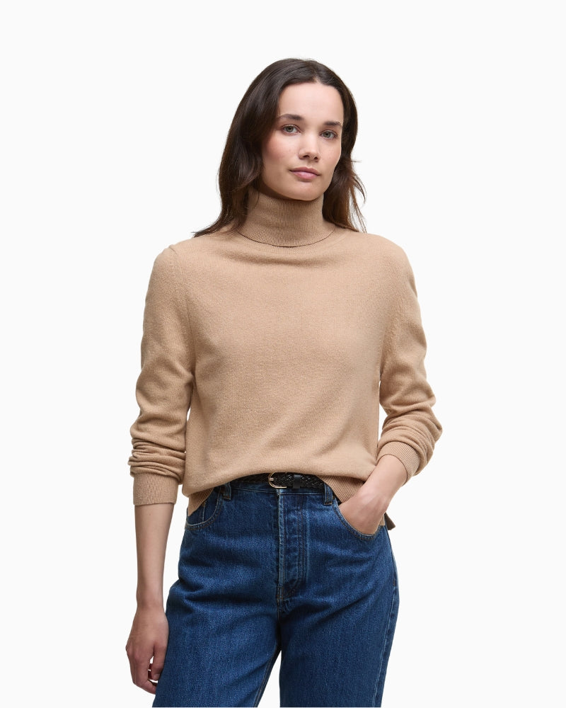 Front view of Barbour Pendle Knit in Pale Camel showing classic polo neck and relaxed fit