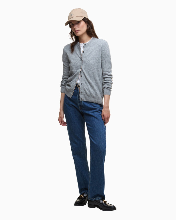 Styled outfit with Barbour Pendle cardigan layered over white blouse and jeans