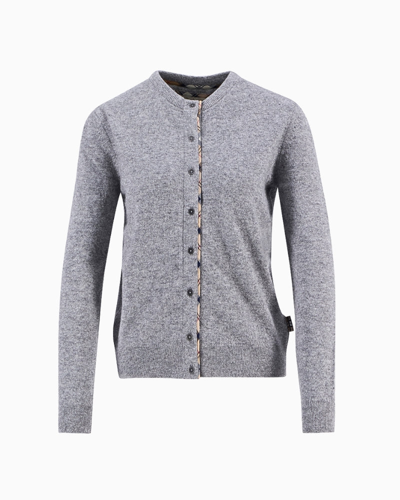 Flat lay of Barbour Pendle cardigan in grey showing full button front and neat structure