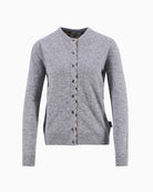 Flat lay of Barbour Pendle cardigan in grey showing full button front and neat structure